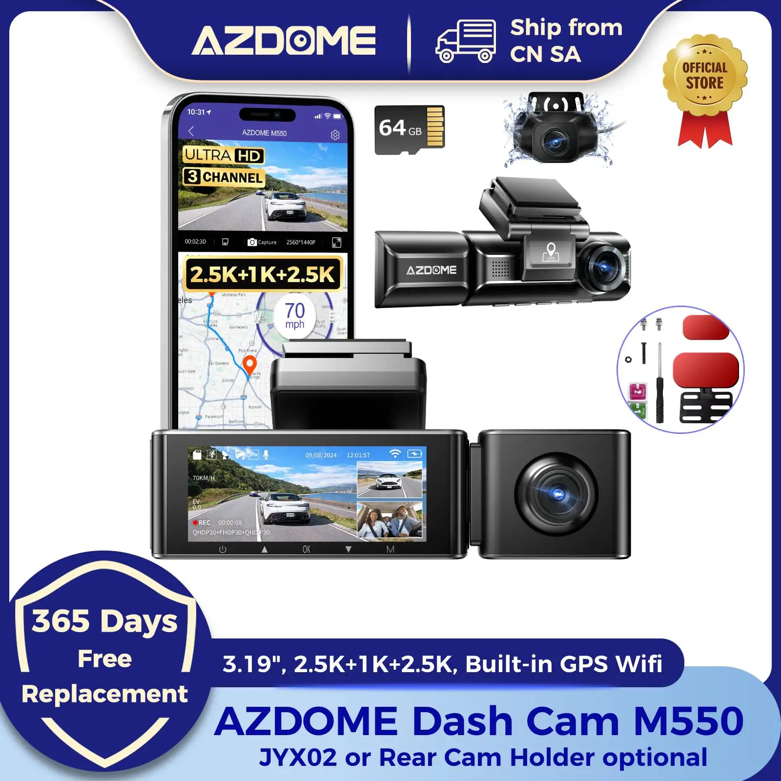 AZDOME M550 3 Channel Dash Cam 4K+2.5K 3.19