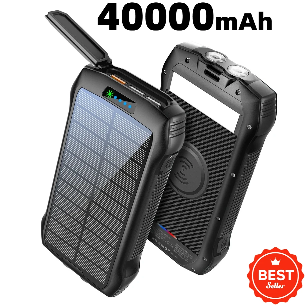 Power Bank 40000mAh Solar Charger with 15W Fast Wireless Charging PD 20W USB‑C, LED Flashlight, Water‑Resistant for Outdoor Use