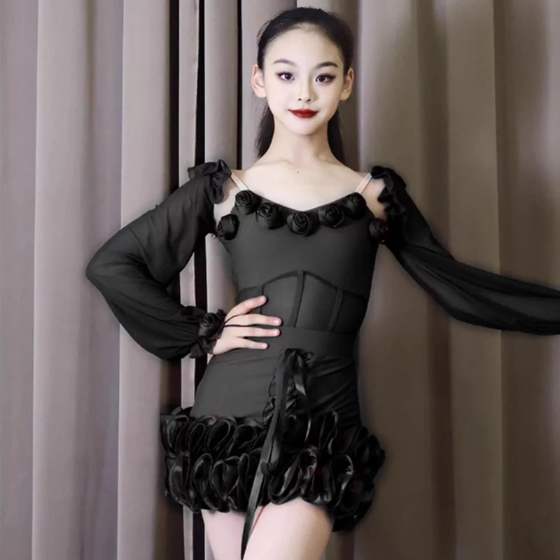 ชุดแข่งขันเต้นรำบอลรูมสำหรับเด็ก ชุดแสดงเต้นละตินสำหรับเด็กผู้หญิง แขนพอง ชุดเต้นละติน รุ่น SL14148