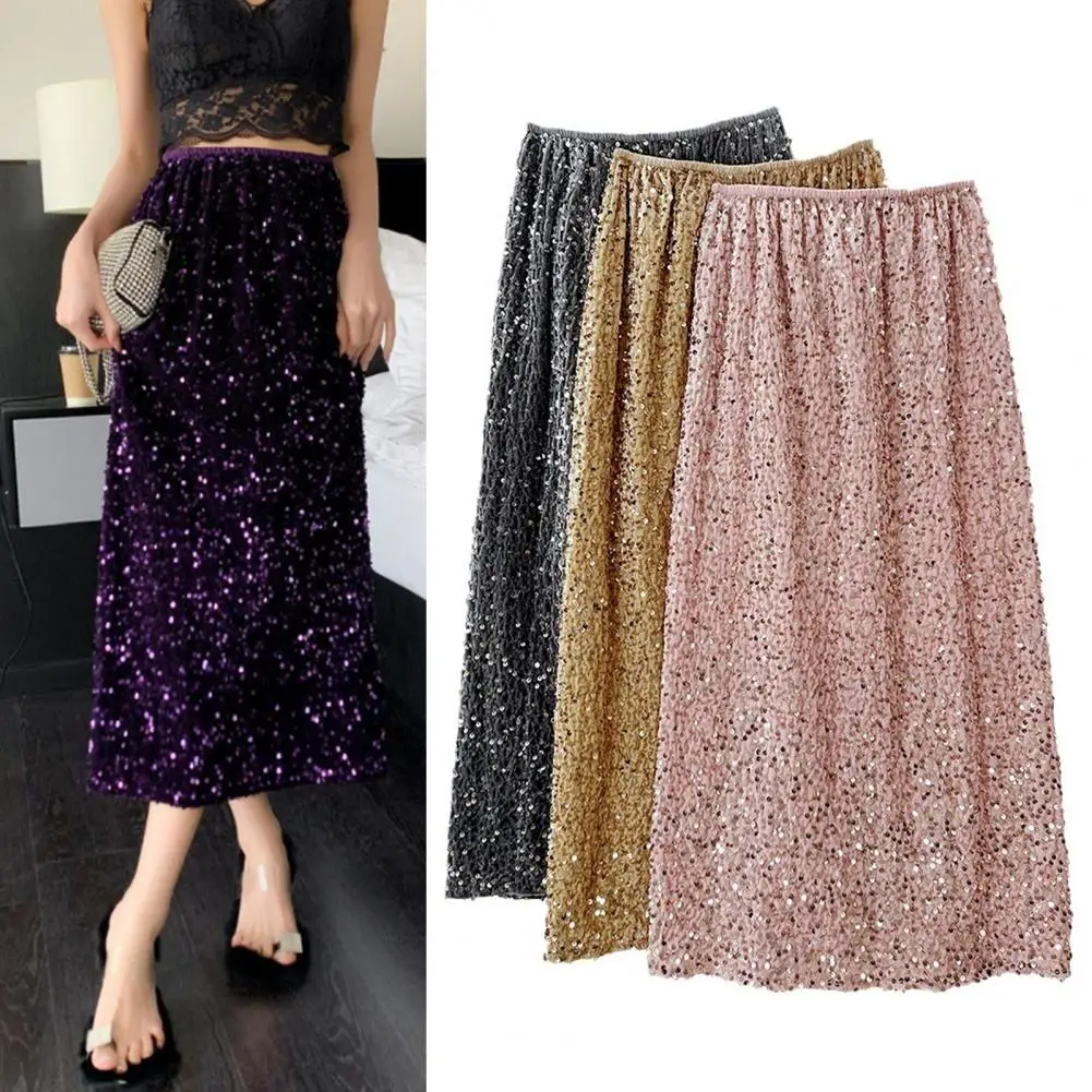 Women High-waisted Velvet Skirt Elegant Velvet Midi Skirt Sequin Decor for Parties Events Retro Straight Fit Sparkling Skirt