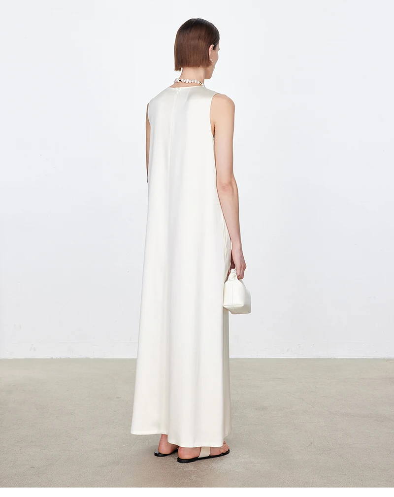 100% Mulberry Silk Women's Dress Silk Satin Round Neck Long and Bare Skirt Simple Temperament Soft and Delicate Urban Fashion