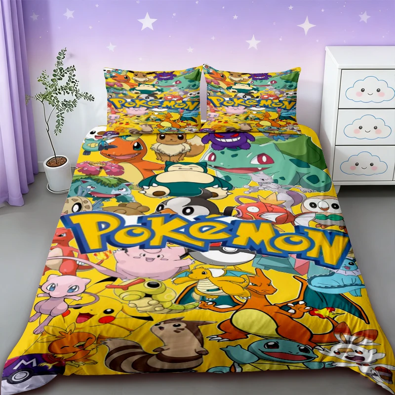 

Anime Three-piece Set Duvet Cover Pikachu Cartoon Bedding Set Comforter Cover for Bedroom Decor Queen King Size comfortable