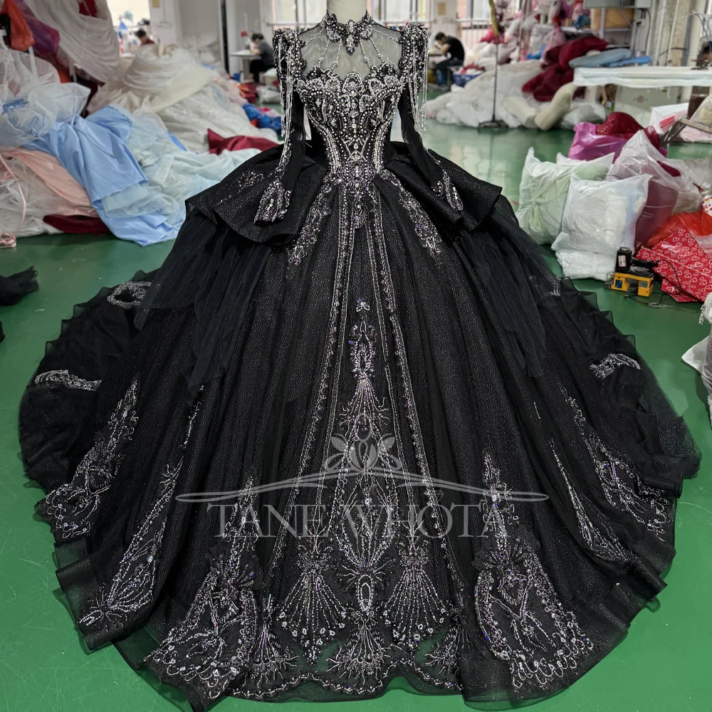 Turtle Black Customizable Long Sleeves Lace-Up Keyhole Back Evening Gown Crystal Beading Luxury Dress For Special Occasions