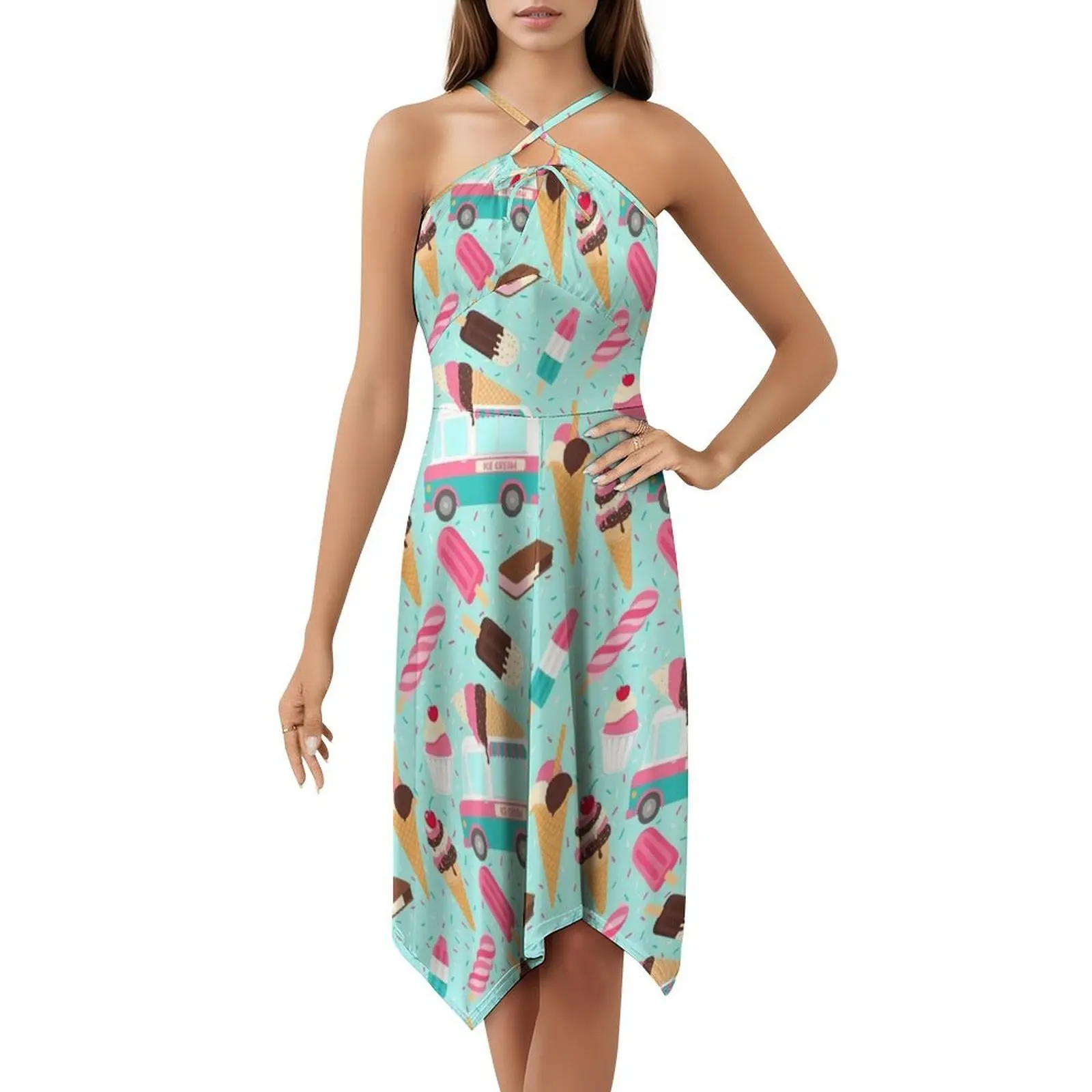فستان بوهيمي بدون أكمام لشاحنة الآيس كريم للنساء، فساتين حفلات الشاطئ المطبوعة، شاحنة الآيس كريم، كسارة نارية صيفية للنساء #5