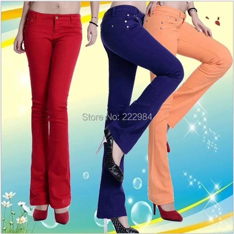 Autumn Winter Fashion casual candy color cotton female women girls stretch mid waist slightly flare trousers pants clothing