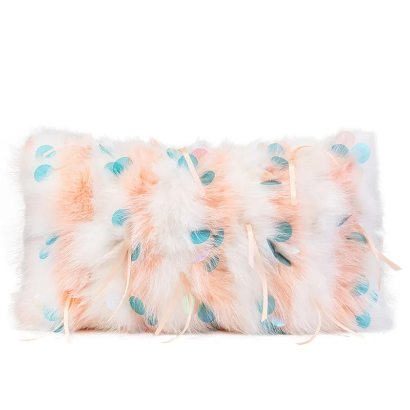 

Nordic cute rabbit fur waist pillow, girl room, rectangle, cushion, pink and white, children's room, model room, pillow
