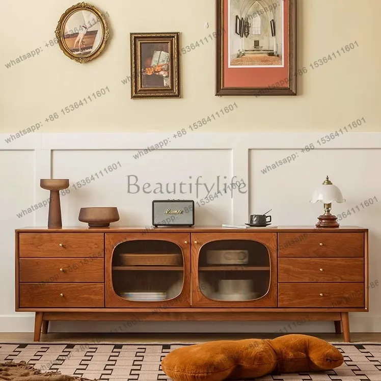 

Retro simple cherry wood TV cabinet arched small apartment side cabinet