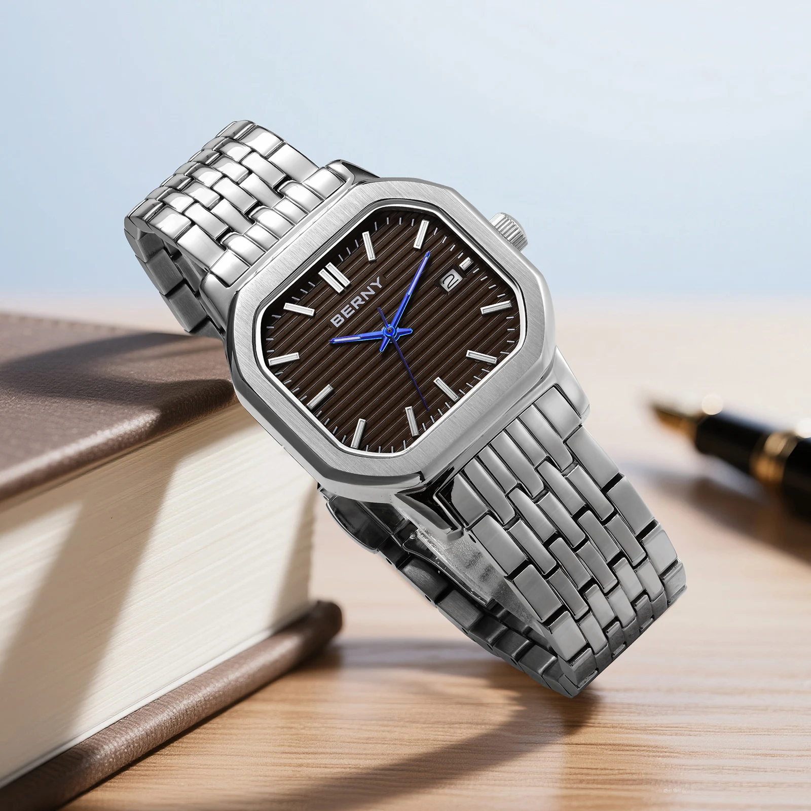 BERNY Men's  Watches Luminous Elegant Fashion Date Dress Quartz Watch Rectangle Dial Calendar Casual Business Wristwatch