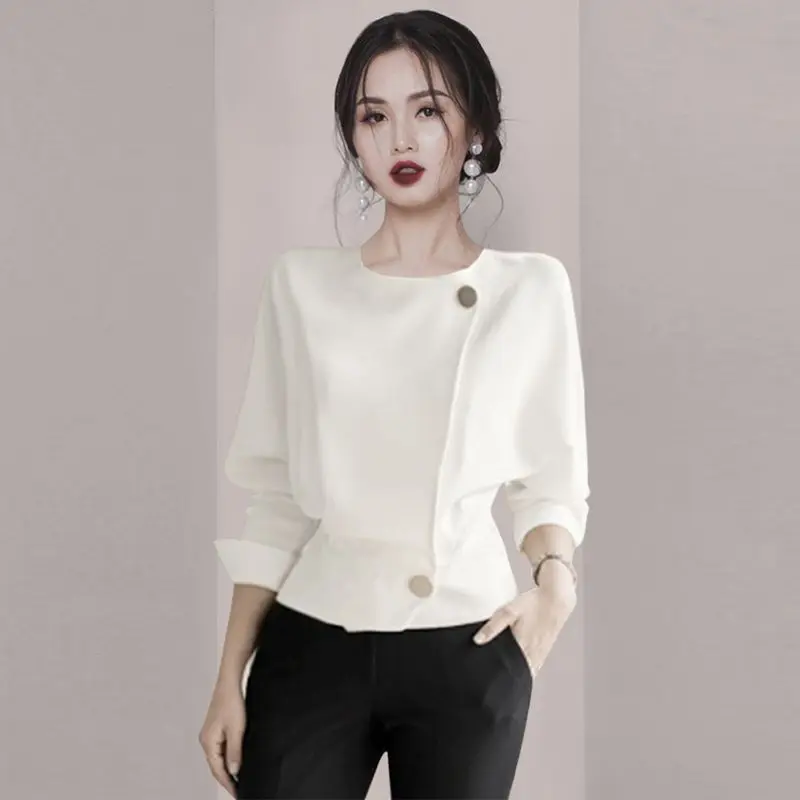 Elegant O-Neck Solid Color Button Spliced Loose Korean Shirt Women\'s Clothing 2022 Autumn New Casual Tops All-match Chic Blouse