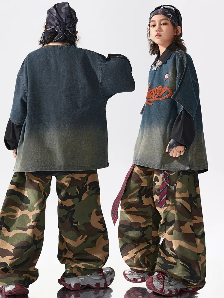 Hip Hop Dance Suit for Kids Boys Girls Jazz Dance Performance Clothes V-neck Retro Top Camouflage Cargo Pants