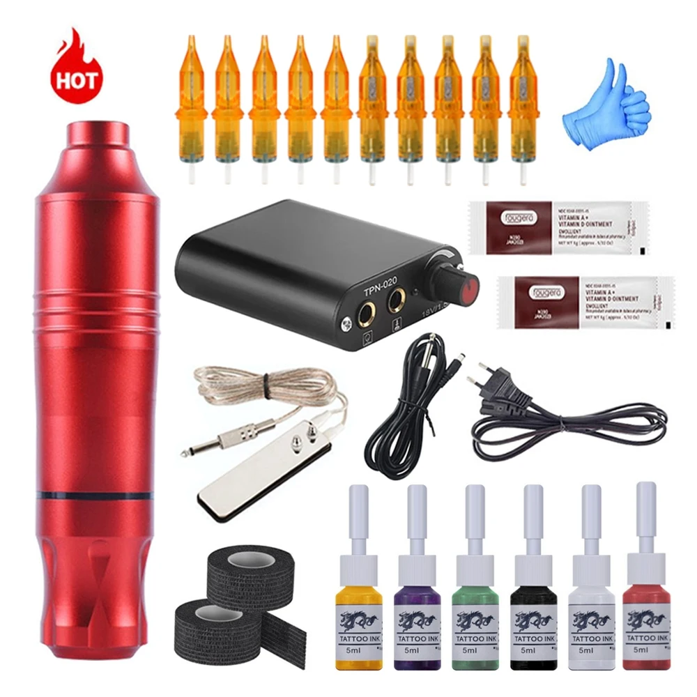 Mini Power Motor Pen Set with White Dragon 6-Color Tattoo Ink Stainless Steel Pedal Tattoo Set for Students