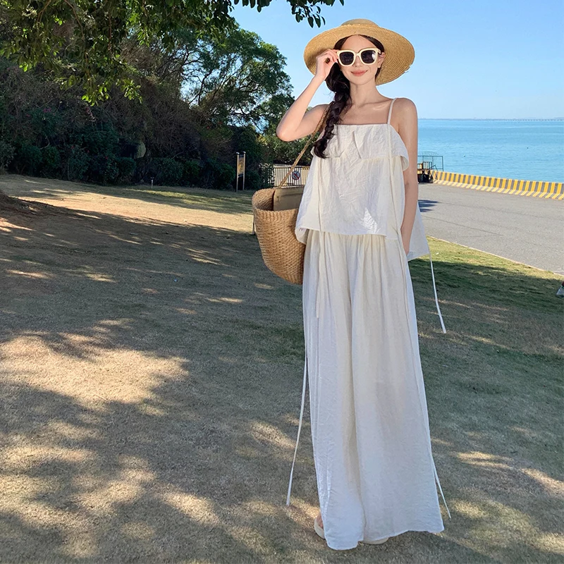 

Свободные широкие брюки и жилет с открытыми плечами, женский комплект, длинные брюки, элитный летний модный наряд