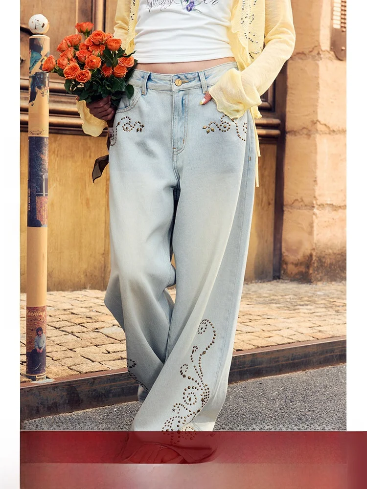 

BeerBro Свободные уличные широкие джинсы Женские повседневные джинсовые брюки с заниженной талией на молнии и длинные брюки с заклепками