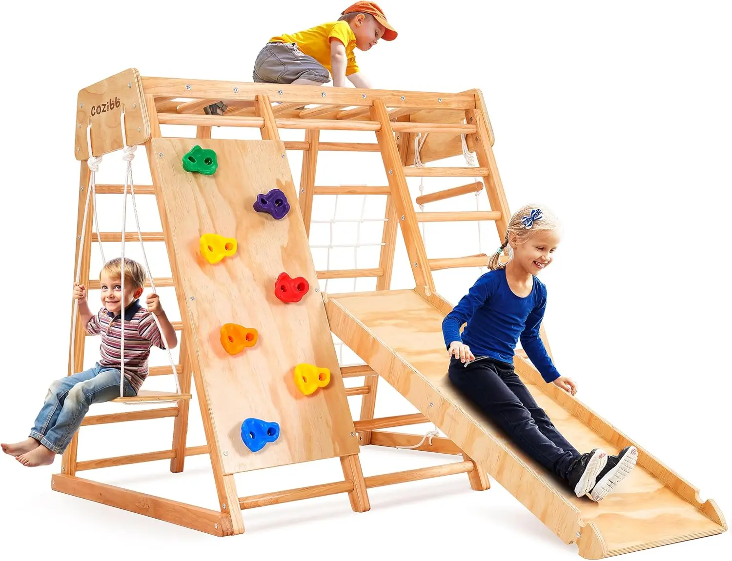 7-w-1 Dreska do ćwiczeń dla dzieci, plac zabaw dla maluchów z zjeżdżalnią, huśtawką i skałką do wspinaczki, drewniane zabawki Montessori do wspinaczki, zabawa