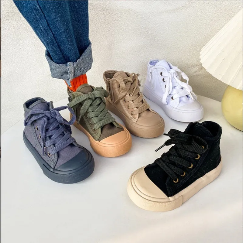 New Candy Color Children\'s High Top Canvas Shoes Spring Autumn New Boys Girls Casual Board Shoes Lace up Baby White Shoes 20-38