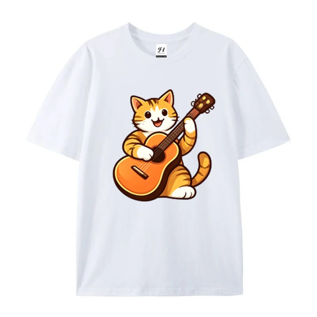 Women Cat Playing Guitar Graphic Tee Round Neck Short Sleeve Tops Music Pet Theme Casual Soft Loose Summer Daily Wear T Shirts