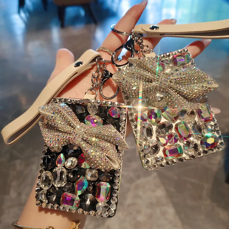 Bling Square with bow tie Makeup Mirror Rhinestone Handheld Vanity Glass Two-side Fold With Metal Key Chain Pocket Mirror