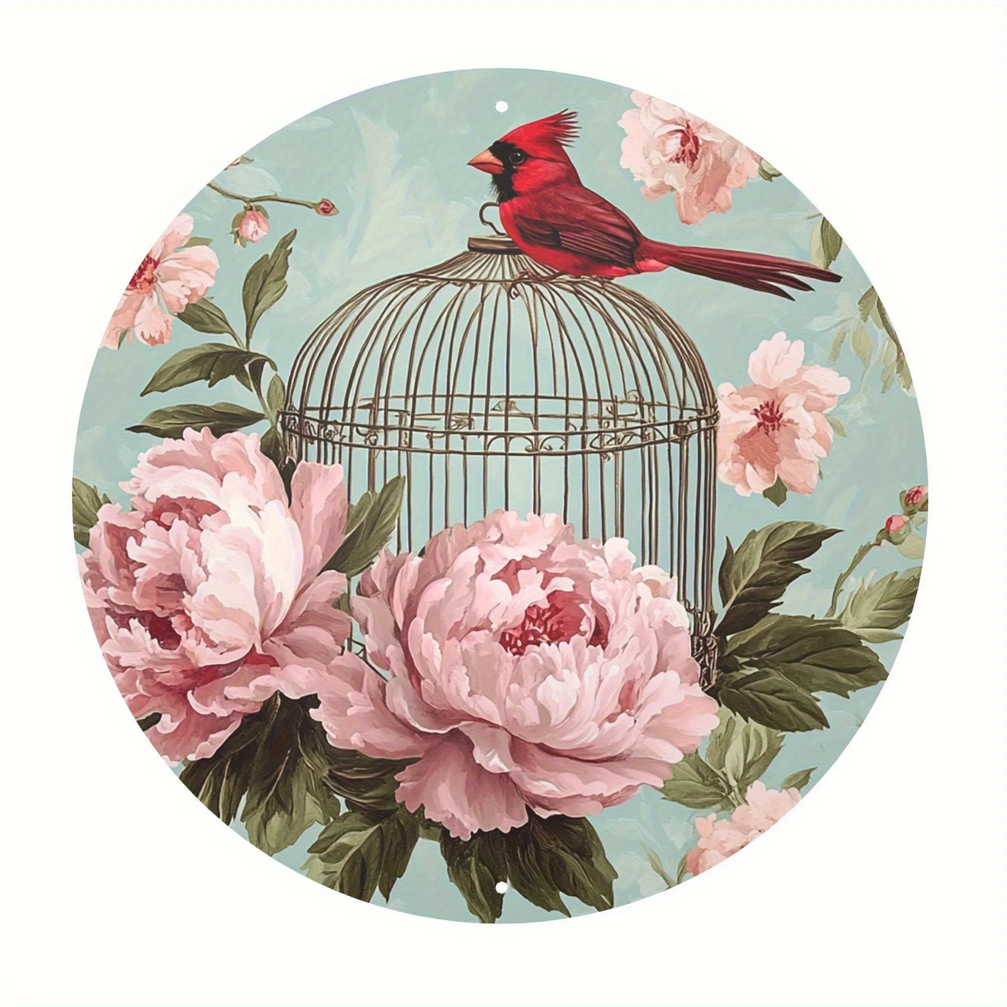 2D Flat, Vintage Floral and Bird Metal Wall Decor - Elegant Cardinal Birdcage, Pink Peony - Durable Aluminum Plaque, Suitable for