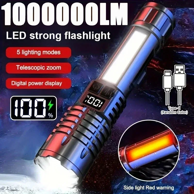 High Power LED Flashlight Portable Zoom Torch Type-C Rechargeable Waterproof Light COB Side Lamp for Outdoor Camping Hiking