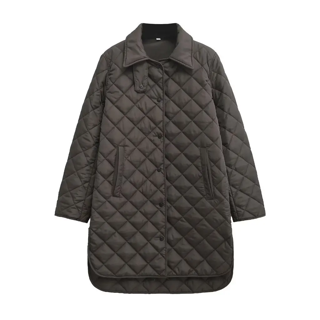 Cappotto cocoon allentato da donna di nicchia nordica Giacca lunga in cotone trapuntata monopetto dal design rombico per l'autunno inverno