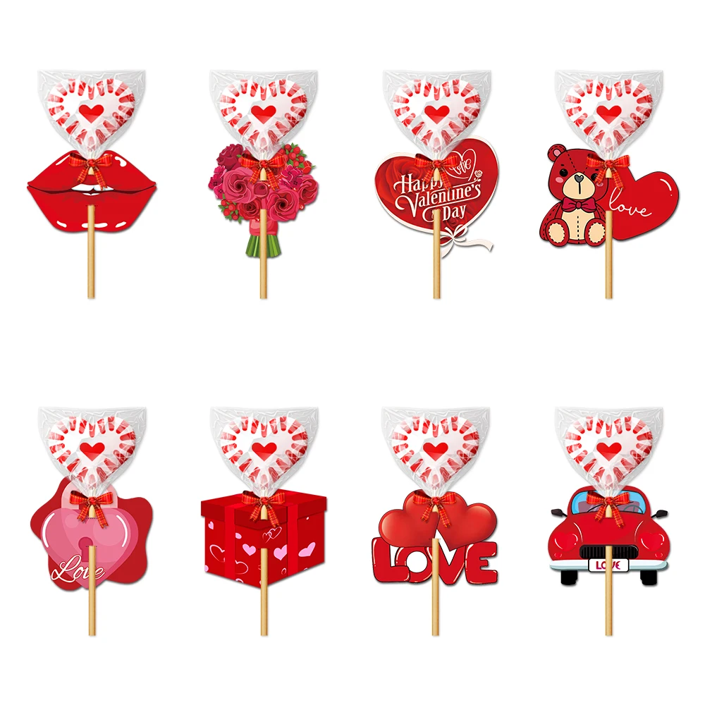 8/16Pcs Valentine's Day Red Heart Shaped Bear Lollipop Paper Card DIY Valentine Candy Holder Wedding Valentines Decor Favor