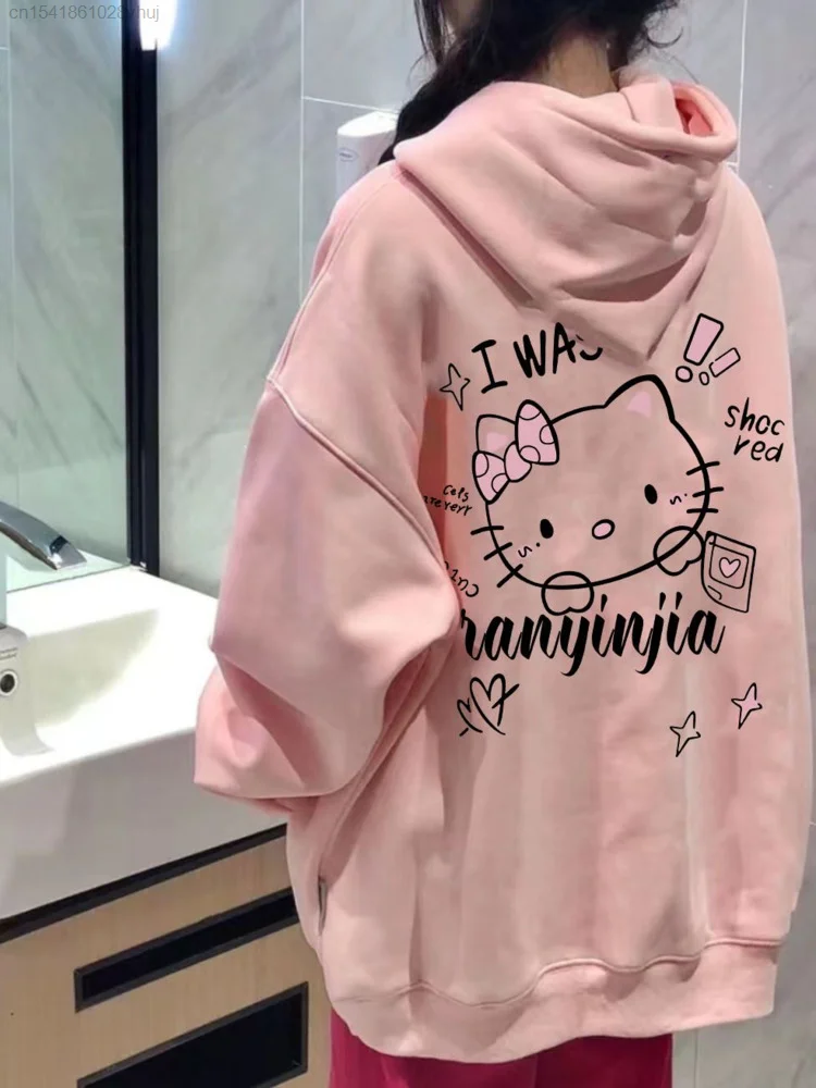 Kawaii Sanrio Hello Kitty Pink Pullovers Campus Style Trend New Lolita Y2k Girls Hoodie Korean 2000s Aesthetic Christmas Clothes