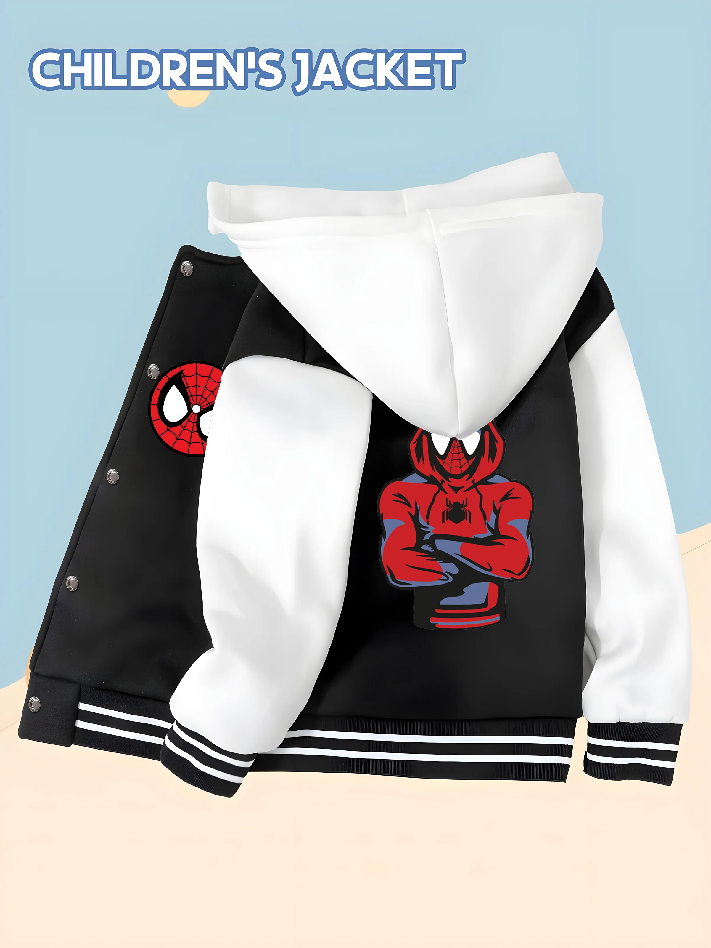 

MINISO Trendy Spider-Man boys' baseball jacket with hero pattern, hooded baseball style, fashionable design and comfortable fabr