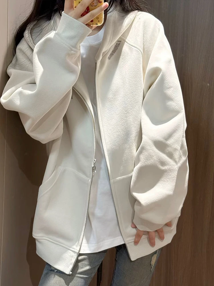 Damen-Strickjacke, übergroß, lässig, mit Kapuze, Reißverschluss, bestickt, lockerer amerikanischer Stil, fauler Windmantel, Herbst-Winter-Paar