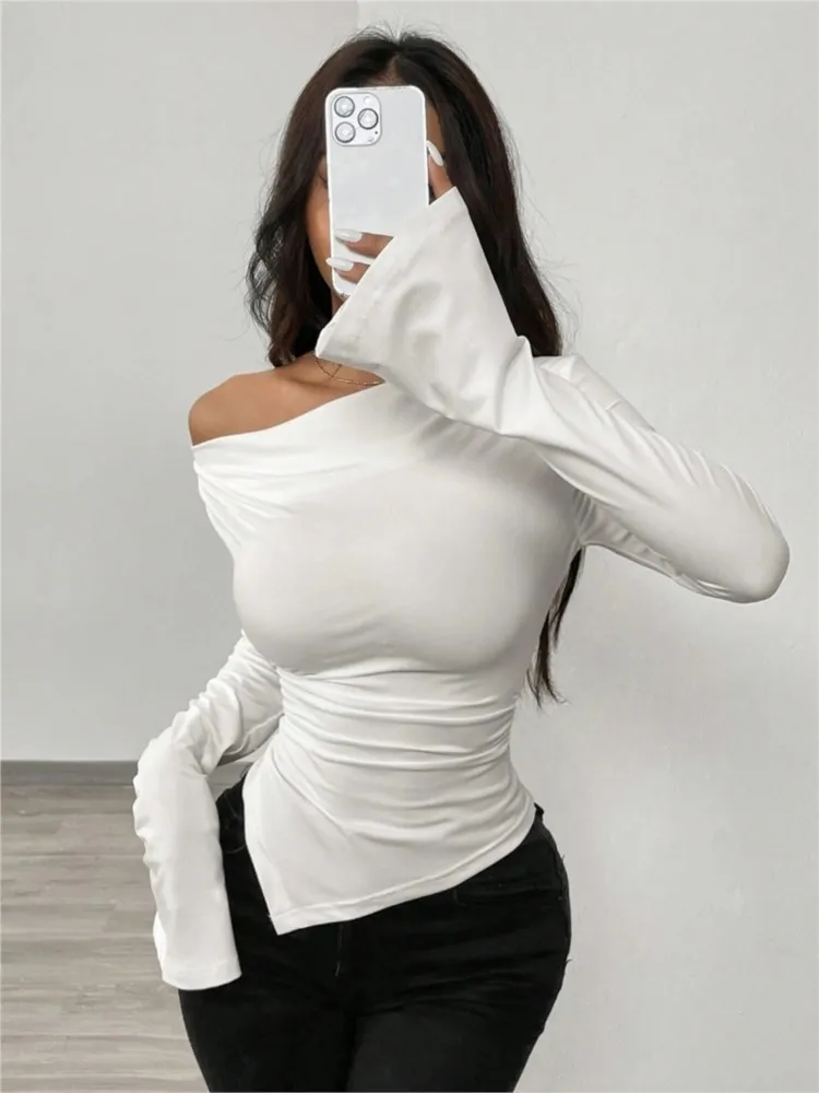 

Casual T Shirt Tees All-match Long Sleeve Tops Blusas Simple Style Temperament Bodycon Irregular Hem Pleated V-link Off Shoulder