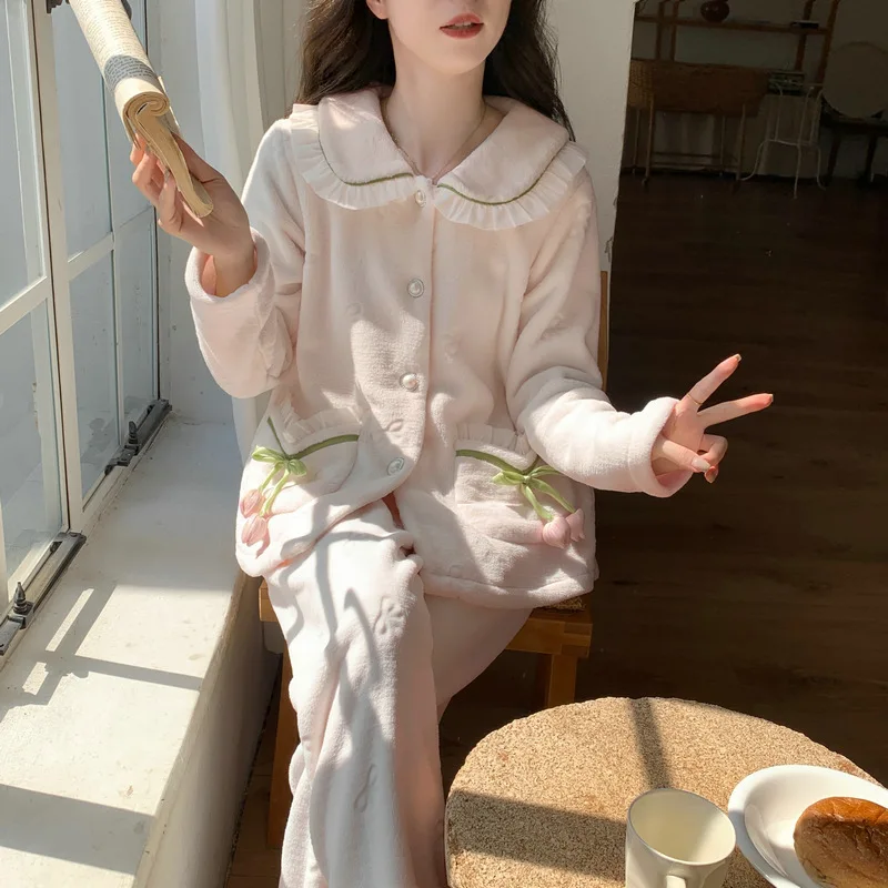 

Осенне-зимние женские пижамы, новая модель, коралловый флис, удобная одежда для сна, домашняя одежда, утепленная хлопковая пижама, фланелевой пижамный костюм