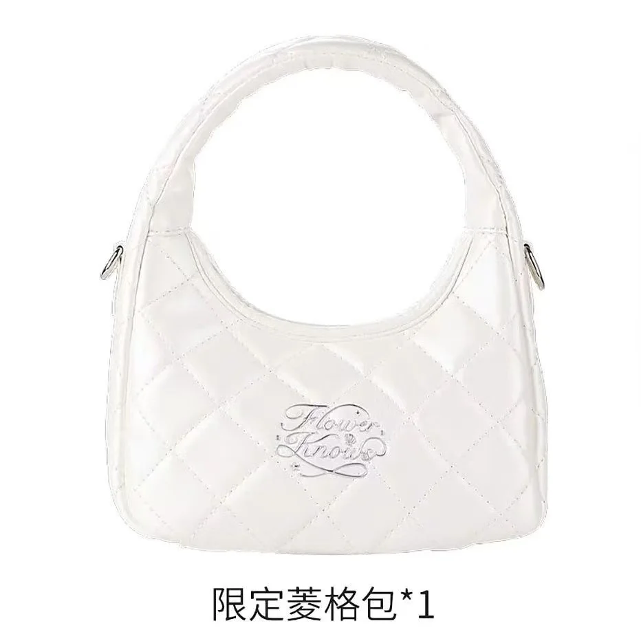 Flower Knows White Pink Handbag PU Leather Bag Solid Color Small Tote Bag