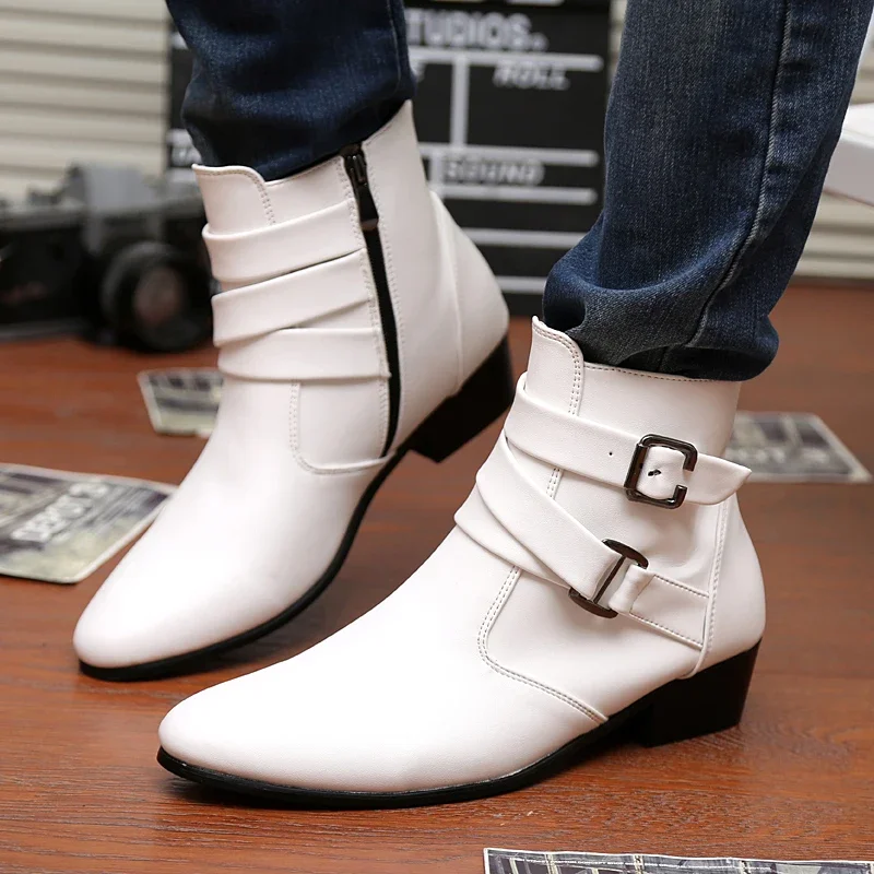 White High-heeled Ankle Boots For Men Classic Buckle Design High Top Dress Shoes Man Comfortable Pointed Toe Men's Leather Boots