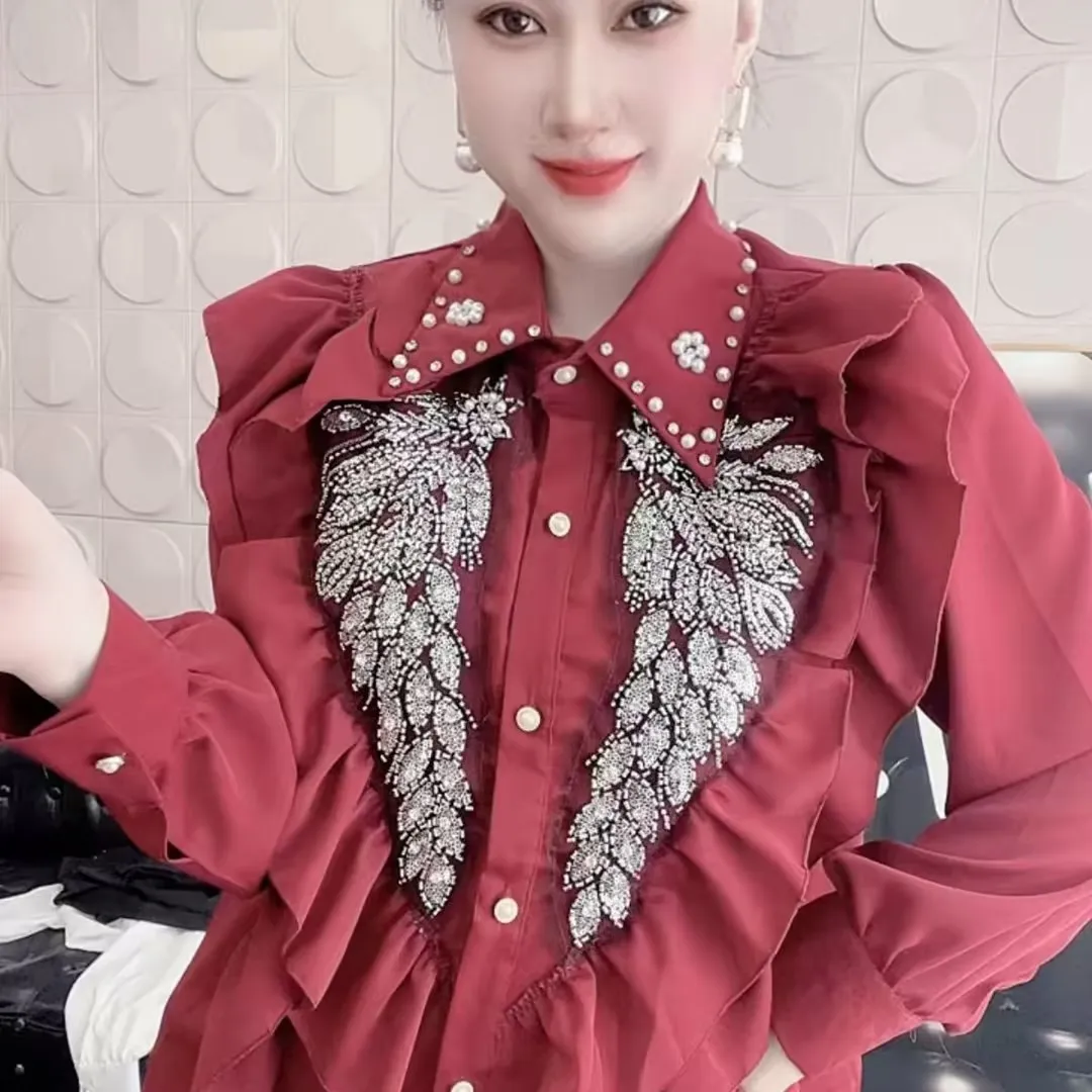 ลูกปัดเลื่อมฐานเสื้อแฟชั่นผู้หญิงเงาเลื่อมเสื้อฤดูใบไม้ร่วงสไตล์หลวมเสื้อผ้าสตรีขนาดใหญ่