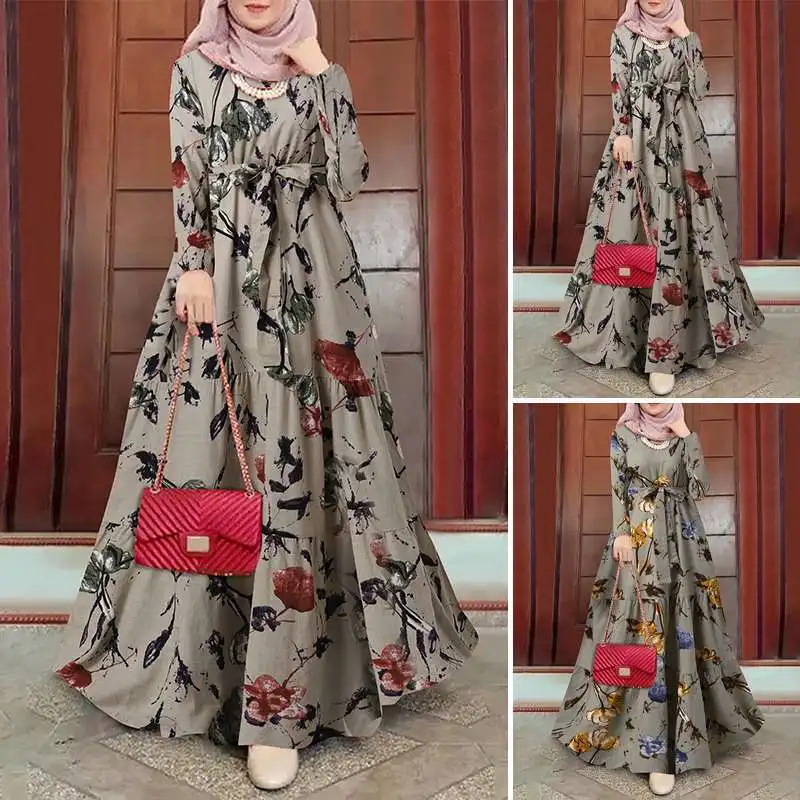 

2025 NEW Islam Abaya Dress for Women Retro Casual Flower Robe Long Sleeve Round Neck Muslim Printed Europe and America