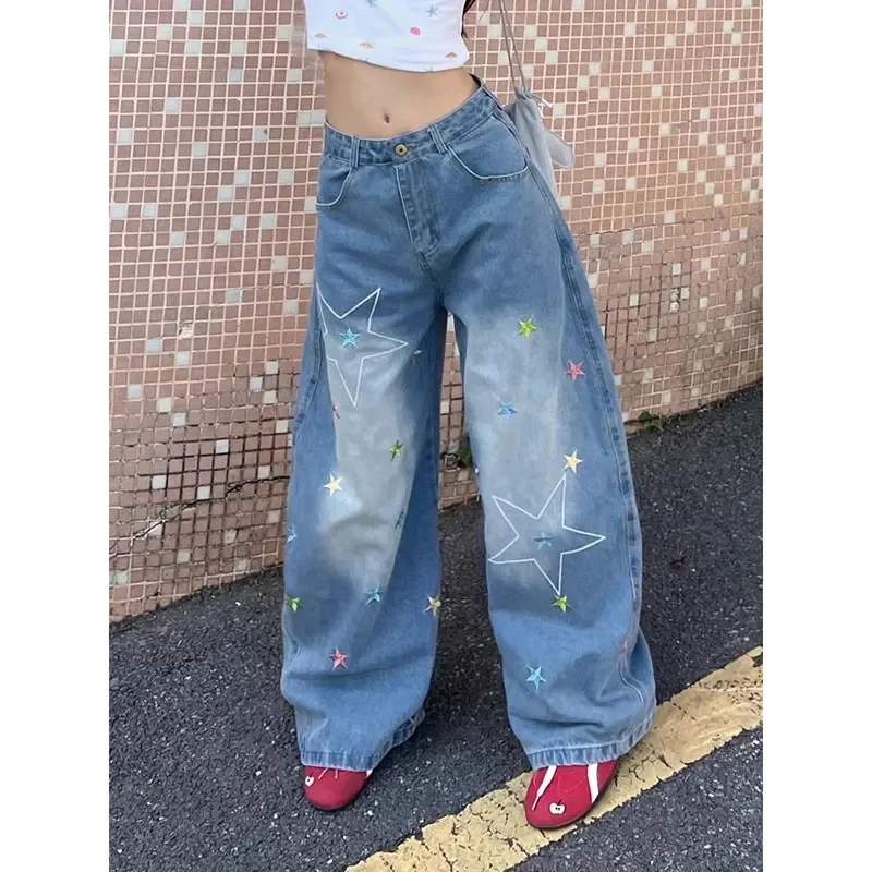 

Women Vintage Blue Baggy Print Embroidery Y2k Jeans High Street Harajuku Aesthetic 2000s Denim Trousers Streetwear Pants