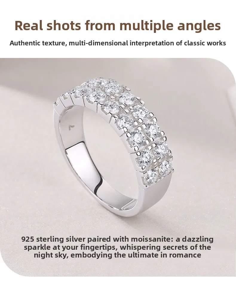 S925 خاتم فضي مطلي بالذهب الأبيض 1.08CT D اللون مايكرو تمهيد مويسانيتي * 18 خاتم نسائي متعدد الطبقات، مجوهرات رائعة.