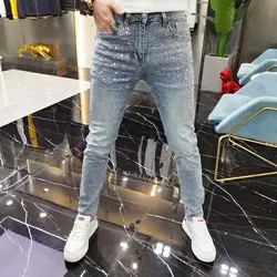 Fashion 2023 Luxury Men's Jeans with Diamond Hot Stamping Washed Ripped Holes Slim Fit Comfortable Stretch Jean Trousers for Men