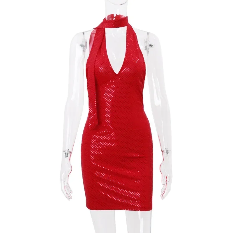 Red Sequin Dress Woman Halter Backless Mini Dress V-Neck Tie Neck Bodycon Sexy Party Night Club Dress