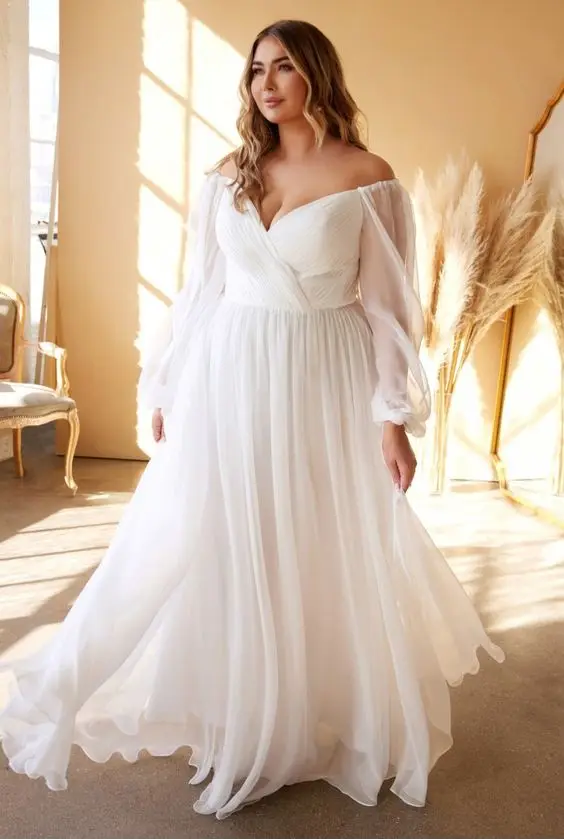 Robe de Mariée Longue en Mousseline de Soie à Manches sulf, Plis en Forme de Cœur, Ligne A, Longueur au Sol, Quelle que soit la Femme Formelle