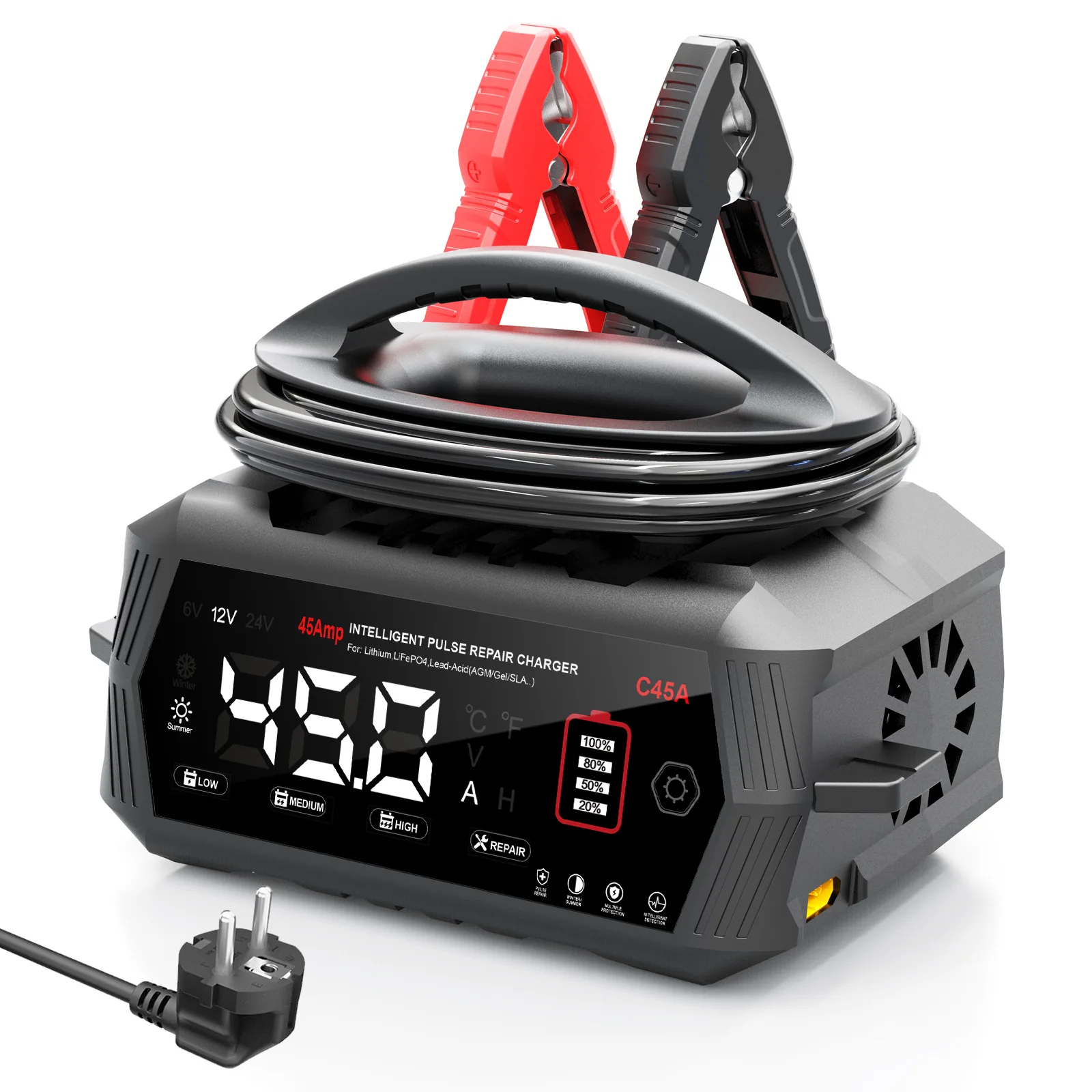 Cargador de batería para coche y motocicleta C45A, 6V 10A, 12V 45A, 24V 13A, para baterías de plomo-ácido AGM, reparación inteligente
