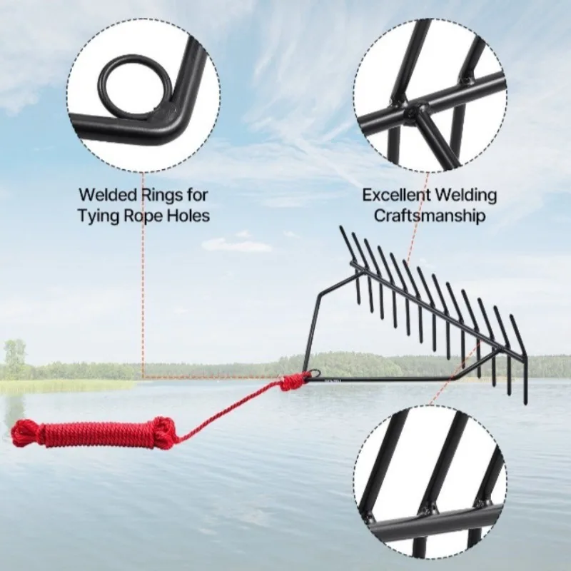 

Прочный 24x8,7 дюймов двухсторонний пруд, водные грабли для сорняков, 30 футов, веревка, инструмент для удаления сорняков в озере