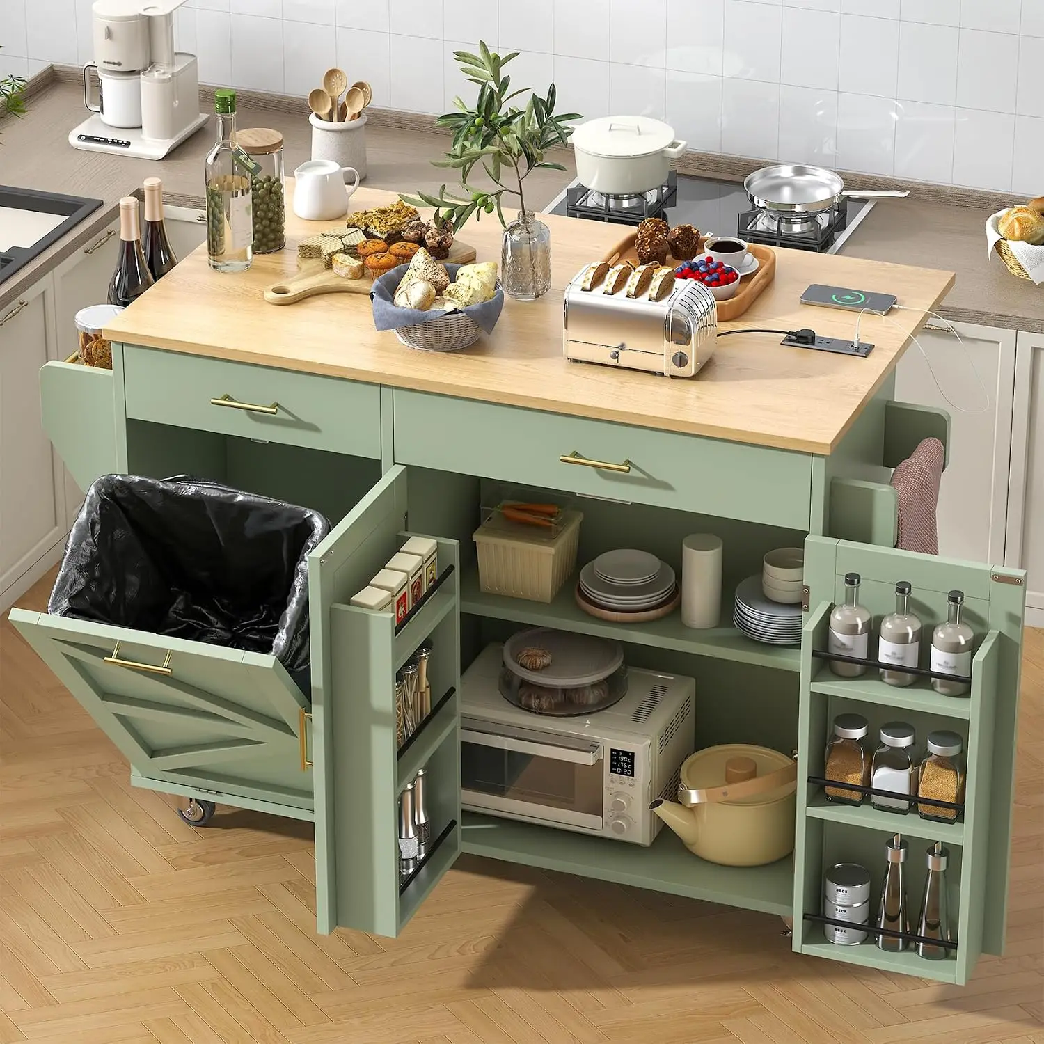 Kitchen Island Cart with Trash Storage, Wheels, Power Outlet, Drop Leaf, Towel & Spice Rack, Mobile Table, Customized