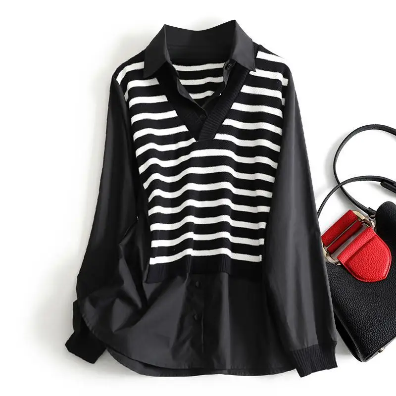 

Women High Street Casual Long Sleeve Button Knitting Patchwork Pullovers Spring Autumn New Solid Color Fake Two Pieces Shirt