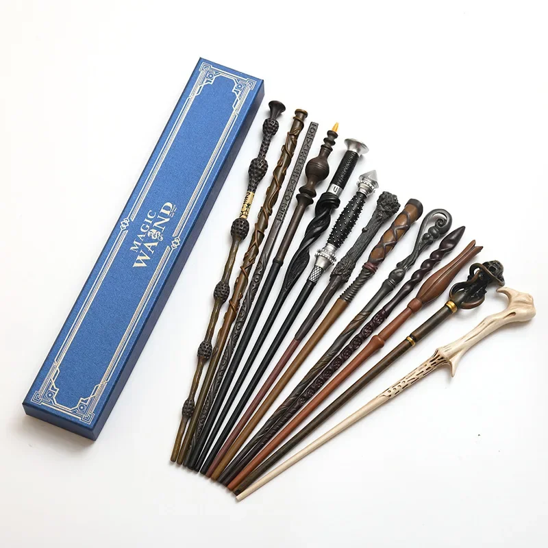 Varita de Anime Albus Dumbledore Ron Hermione Malfoy, núcleo de Metal, estampado dorado, caja azul, regalo coleccionable, Cosplay