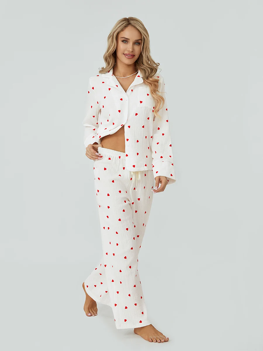 wsevypo Heart Print 2 Piece Pajamas Set Women\'s Casual Loungewear Long Sleeves Button Shirt and Elastic Pants Soft Sleepwear