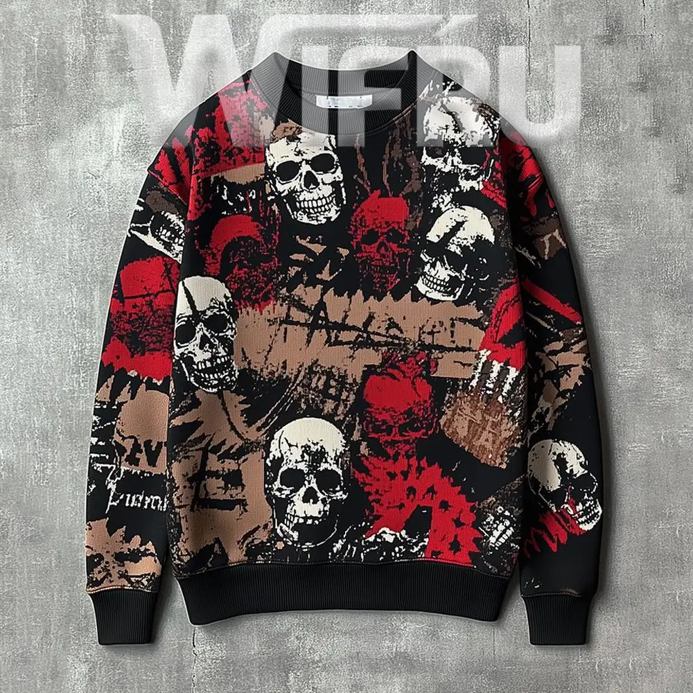 

Men's Skull Print Streetwear Sweatshirt Punk Rock Style Trendy Loose Pullover Autumn/Winter Casual Fashion Crew Neck Top