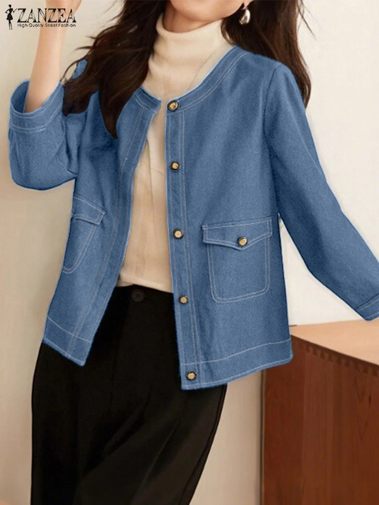 

ZANZEA, осенние пальто, женские модные куртки, 2025 г., элегантные однобортные однобортные однотонные карманы с длинными рукавами, верхняя одежда, винтажные джинсовые пальто
