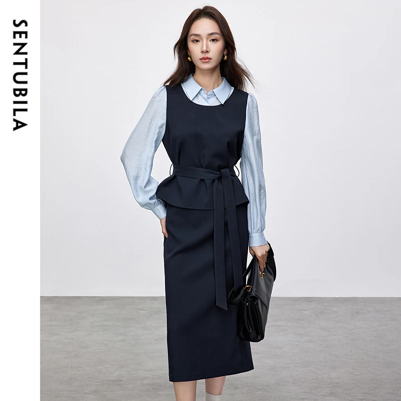 

SENTUBILA Womens Skirts Sets Office Outfits 2025 Spring Fall Spliced 2 in 1 Tops Slit Midi Skirts New in Matching Sets 151Z58415
