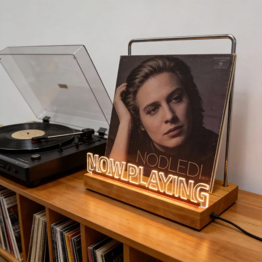Wooden Acrylic Now Playing Vinyl Record Stand with Warm White Light Light Up Vinyl Record Display Stand Fingerprint-Proof