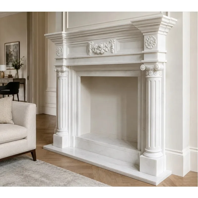 White Marble Fireplace Floral Ionic Column Design with Rose Ribbon Carving  wjr